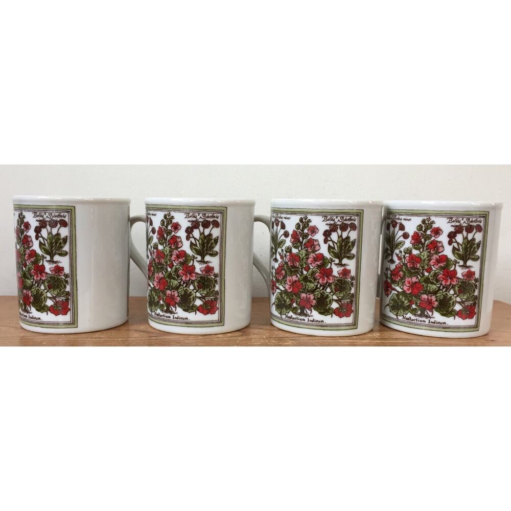 New Set 4 Vintage Botanical Print Coffee Mugs Nasturtium Indicum HH Japan 0136